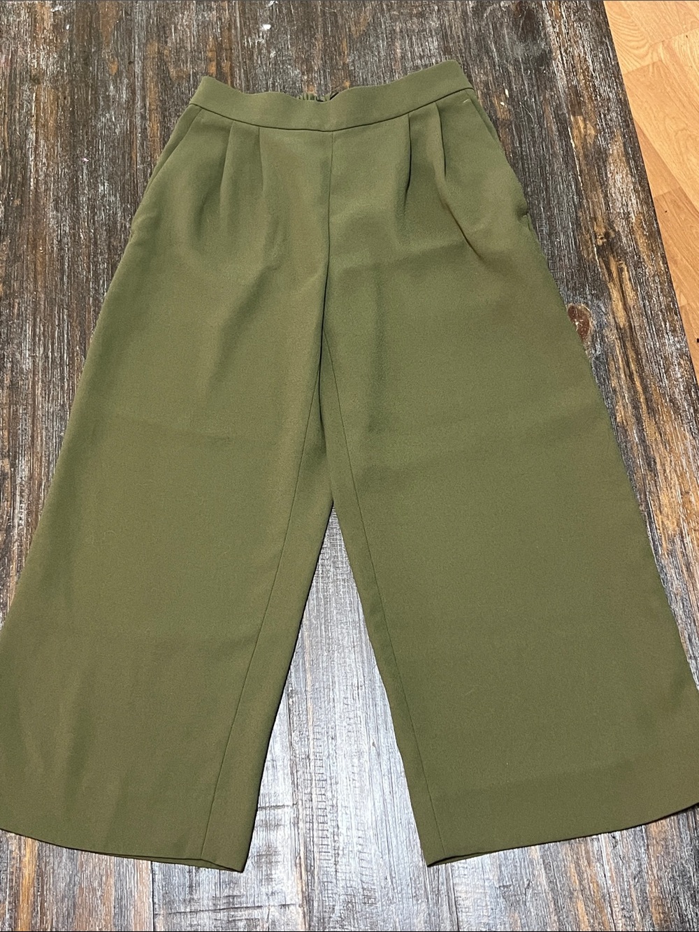 J. Crew Olive Wide-Leg Cropped Pleated Trousers